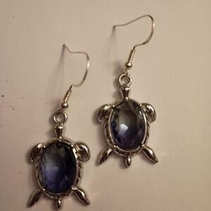 Silver Turtle Earrings with Deep Blue Stone